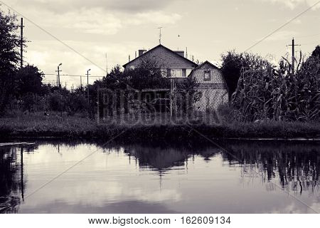 Rural summer landscape. Private house is reflected in large puddle of rain water. Young corn and fruit trees in garden. Toned black and white color processing. Nice soft warm light