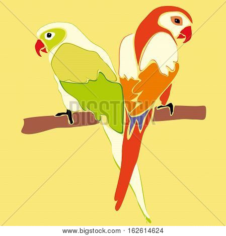 Coloured parrots on yellow background isolated vector