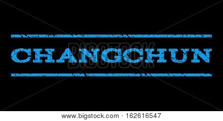 Changchun watermark stamp. Text tag between horizontal parallel lines with grunge design style. Rubber seal stamp with dust texture. Vector blue color ink imprint on a black background.
