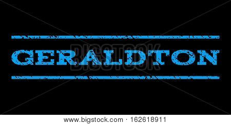 Geraldton watermark stamp. Text tag between horizontal parallel lines with grunge design style. Rubber seal stamp with scratched texture. Vector blue color ink imprint on a black background.