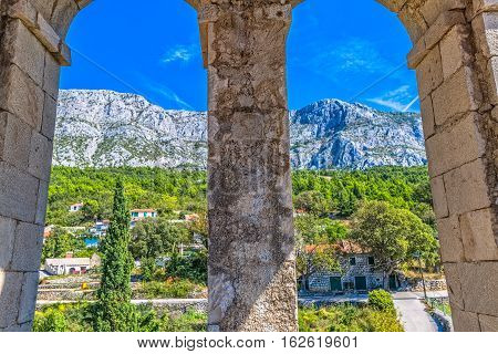 View from the St. Anthony church bell tower in old village Tucepi in Dalmatia.