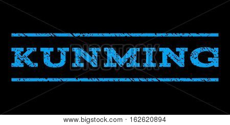 Kunming watermark stamp. Text tag between horizontal parallel lines with grunge design style. Rubber seal stamp with scratched texture. Vector blue color ink imprint on a black background.