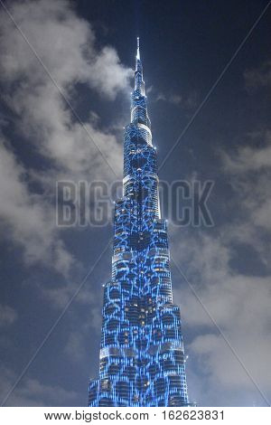 DUBAI, UAE - DEC 9: The LED lights show at Burj Khalifa in Dubai, UAE, as seen on Dec 9, 2016. The show titled Ascension, by London-based Yusuke Murakami and Tangent Design and Invention illuminated and animated the Burj Khalifa during Dubai Design Week.