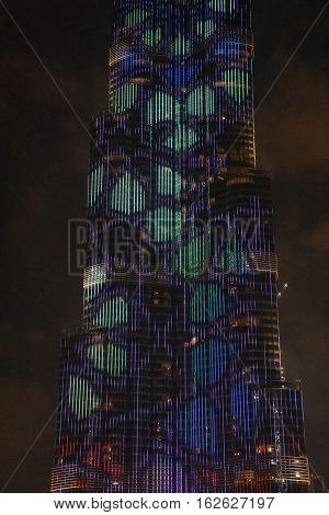 DUBAI, UAE - DEC 9: The LED lights show at Burj Khalifa in Dubai, UAE, as seen on Dec 9, 2016. The show titled Ascension, by London-based Yusuke Murakami and Tangent Design and Invention illuminated and animated the Burj Khalifa during Dubai Design Week.