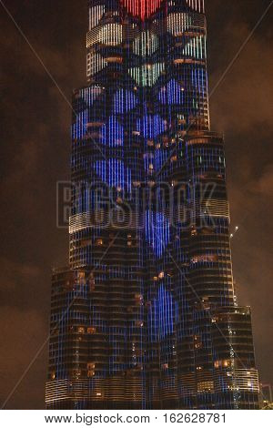 DUBAI, UAE - DEC 9: The LED lights show at Burj Khalifa in Dubai, UAE, as seen on Dec 9, 2016. The show titled Ascension, by London-based Yusuke Murakami and Tangent Design and Invention illuminated and animated the Burj Khalifa during Dubai Design Week.