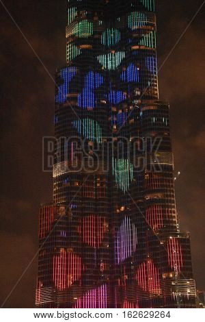 DUBAI, UAE - DEC 9: The LED lights show at Burj Khalifa in Dubai, UAE, as seen on Dec 9, 2016. The show titled Ascension, by London-based Yusuke Murakami and Tangent Design and Invention illuminated and animated the Burj Khalifa during Dubai Design Week.