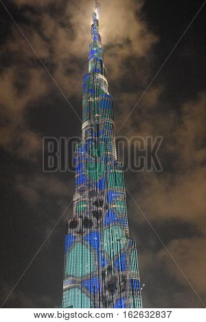 DUBAI, UAE - DEC 9: The LED lights show at Burj Khalifa in Dubai, UAE, as seen on Dec 9, 2016. The show titled Ascension, by London-based Yusuke Murakami and Tangent Design and Invention illuminated and animated the Burj Khalifa during Dubai Design Week.