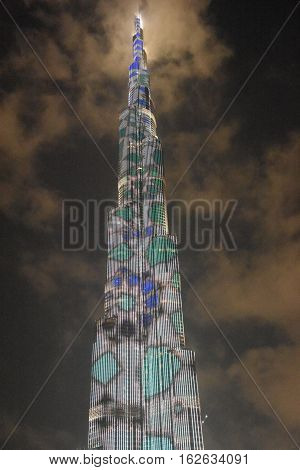 DUBAI, UAE - DEC 9: The LED lights show at Burj Khalifa in Dubai, UAE, as seen on Dec 9, 2016. The show titled Ascension, by London-based Yusuke Murakami and Tangent Design and Invention illuminated and animated the Burj Khalifa during Dubai Design Week.