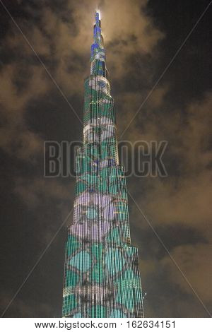 DUBAI, UAE - DEC 9: The LED lights show at Burj Khalifa in Dubai, UAE, as seen on Dec 9, 2016. The show titled Ascension, by London-based Yusuke Murakami and Tangent Design and Invention illuminated and animated the Burj Khalifa during Dubai Design Week.