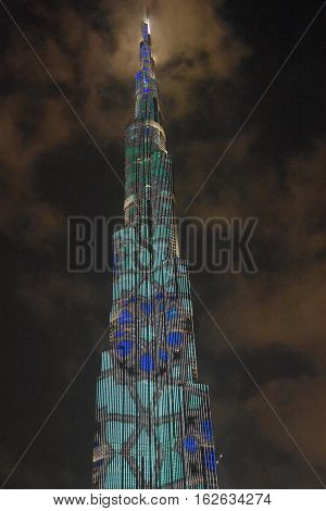 DUBAI, UAE - DEC 9: The LED lights show at Burj Khalifa in Dubai, UAE, as seen on Dec 9, 2016. The show titled Ascension, by London-based Yusuke Murakami and Tangent Design and Invention illuminated and animated the Burj Khalifa during Dubai Design Week.