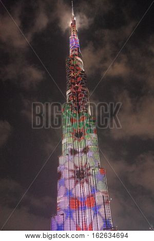 DUBAI, UAE - DEC 9: The LED lights show at Burj Khalifa in Dubai, UAE, as seen on Dec 9, 2016. The show titled Ascension, by London-based Yusuke Murakami and Tangent Design and Invention illuminated and animated the Burj Khalifa during Dubai Design Week.
