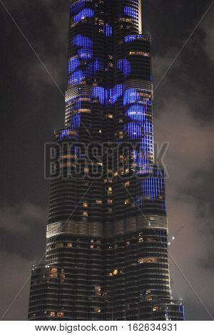 DUBAI, UAE - DEC 9: The LED lights show at Burj Khalifa in Dubai, UAE, as seen on Dec 9, 2016. The show titled Ascension, by London-based Yusuke Murakami and Tangent Design and Invention illuminated and animated the Burj Khalifa during Dubai Design Week.