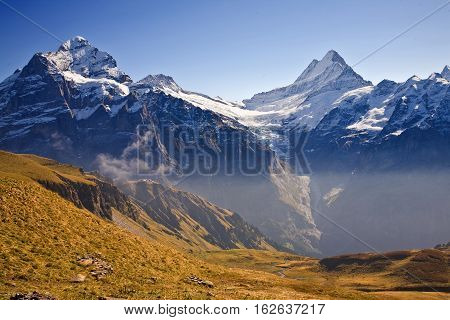 View of Wetterhorn and Mönch mountains above Grindelwald. Taken on hike along the First.