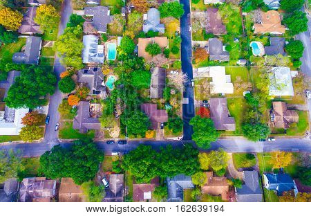 Looking down Birds Eye View historic Homes outside Austin , Texas Burnet road houses looking straight down drone view