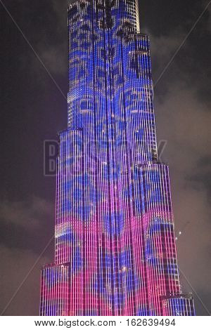 DUBAI, UAE - DEC 9: The LED lights show at Burj Khalifa in Dubai, UAE, as seen on Dec 9, 2016. The show titled Ascension, by London-based Yusuke Murakami and Tangent Design and Invention illuminated and animated the Burj Khalifa during Dubai Design Week.