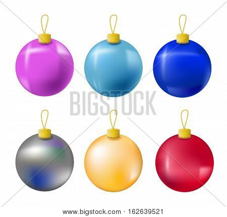 Christmas fir tree ornament isolated on white. Christmas tree balls in pink light blue dark blue red gold and silver colors. Realistic fir tree ornament. Vector clipart for winter holiday design