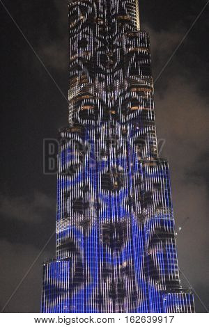 DUBAI, UAE - DEC 9: The LED lights show at Burj Khalifa in Dubai, UAE, as seen on Dec 9, 2016. The show titled Ascension, by London-based Yusuke Murakami and Tangent Design and Invention illuminated and animated the Burj Khalifa during Dubai Design Week.