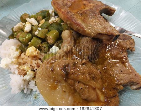 Pork Chop Dinner with Okra and rice