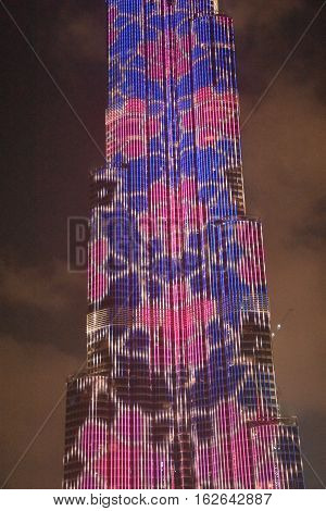 DUBAI, UAE - DEC 9: The LED lights show at Burj Khalifa in Dubai, UAE, as seen on Dec 9, 2016. The show titled Ascension, by London-based Yusuke Murakami and Tangent Design and Invention illuminated and animated the Burj Khalifa during Dubai Design Week.