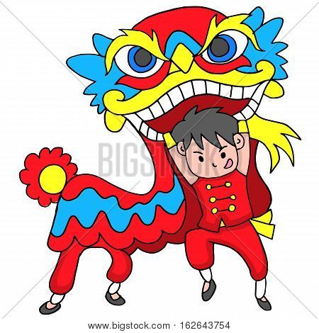 Boy With Lion Dancing Traditional Celebration China Vector