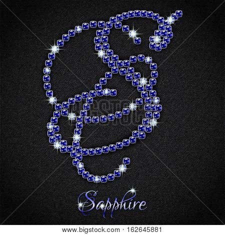 Calligraphic letter S from realistic crystals with sparkles of precious stone Sapphire on black denim background. Vector illustration