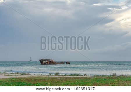 Aground Ship In A Blue Caribbean Sea