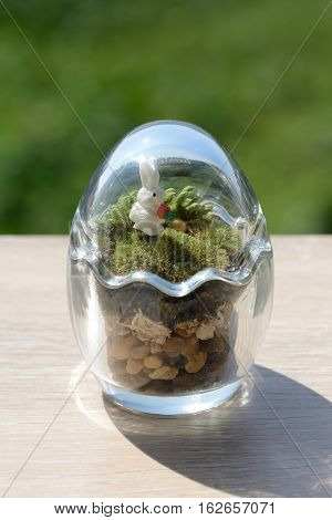 Terrarium garden in small egg glass decor with moss and little rabbit.