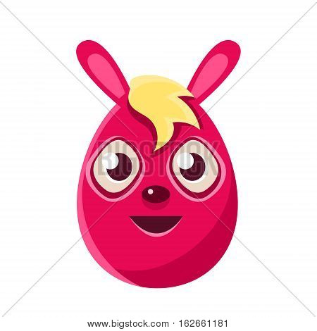 Easter Egg Shaped Pink Easter Bunny With Blond Fringe Colorful Girly Religious Holiday Symbol Emoji. Adorable Rabbit As Christian Holyday Traditional Decoration Vector Element.