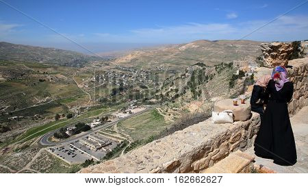 KERAK, JORDAN - MARCH 6, 2016: General view of the valley from Kerak Castle