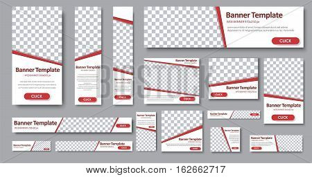 Set of web banners in standard sizes. Templates with place for photo and diagonal stripes and button. Vector illustration