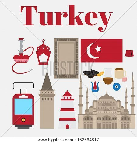 Turkish flat set design elements, landmark of Istanbul, Turkey. Symbols, architecture and food