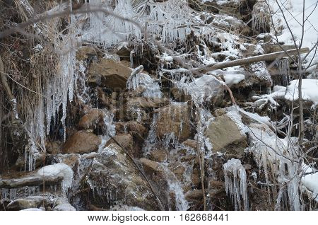 Ice winter water river wood stone snow