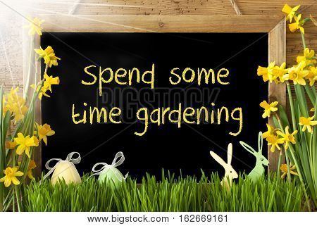 Blackboard With English Text Spend Some Time Gardening. Sunny Spring Flowers Nacissus Or Daffodil With Grass, Easter Egg And Bunny. Rustic Aged Wooden Background.