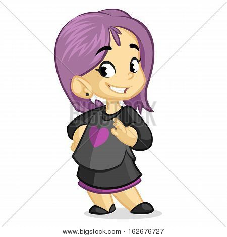 Cute little girl with violet hair dressed in black standing and smiling. Vector cartoon kid character