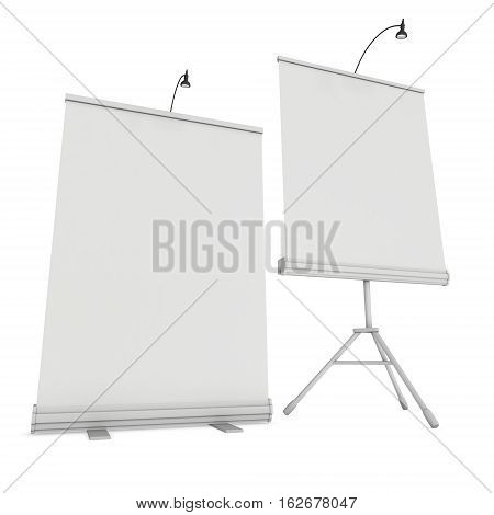 Blank Roll Up Expo Banner Stand Group. Trade show booth white and blank. 3d render illustration isolated on white background. Template mockup for your expo design.