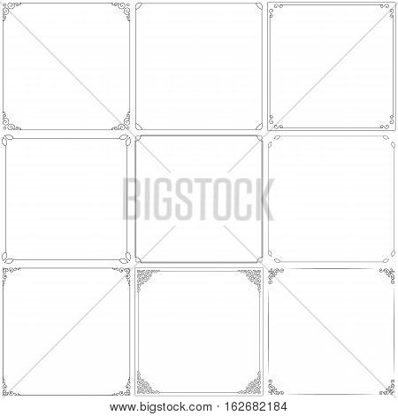 Vector decorative vintage frames. Black contour with swirl angles. Thin line. Isolated on a white background.