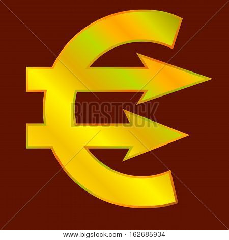 Golden euro sign with two arrows like pointers. Vector illustration.