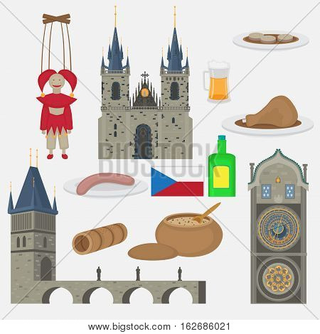 Prague town Czech Republic symbol and element. Church of Mother of God before Tyn Old Town Square in European city. Famous tourists travel popular routs food objects