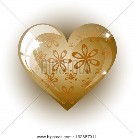 3d valentine golden heart on a white background, vector illustration