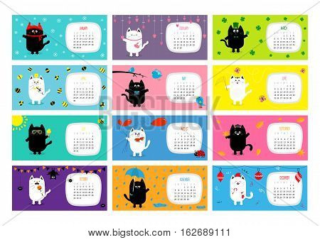 Cat horizontal monthly calendar 2017. Cute funny cartoon character set. All month. Happy Valentines St Patrick day Christmas Easter Egg Bird Chicken Umbrella rain. Santa hat sun Flat design Vector