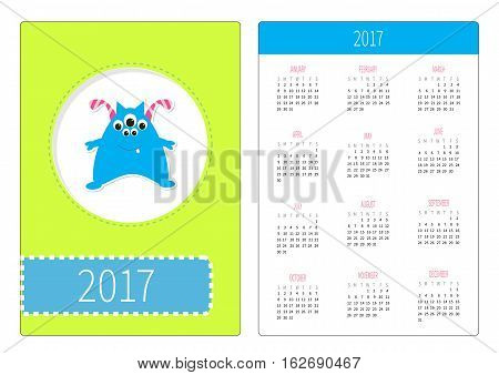 Pocket calendar 2017 year. Week starts Sunday. Flat design Vertical orientation Template. Funny monster with tooth and horns. Cute cartoon character. Blue color. Baby collection. Vector illustration