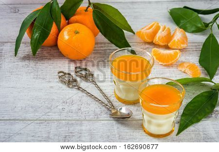 Delicious and rich in vitamins panna cotta with tangarine jam tangarines and slice of tangarines on a white wooden table