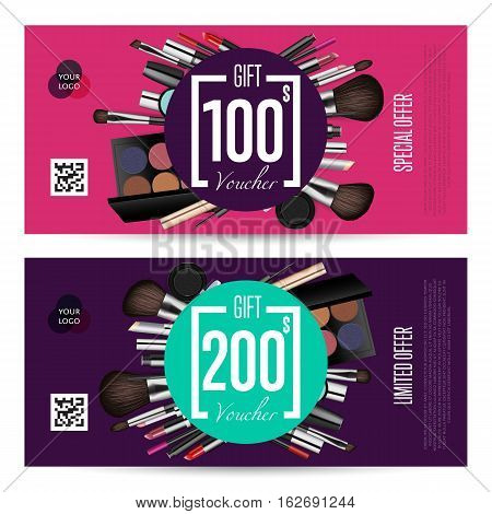 Cosmetics gift voucher template. Gift coupon with fashion makeup accessories and prepaid sum. Makeup brush, powder, lipstick, pencil, polish vectors. Special exclusive offer for cosmetics product sale