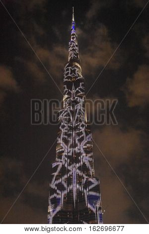 DUBAI, UAE - DEC 9: The LED lights show at Burj Khalifa in Dubai, UAE, as seen on Dec 9, 2016. The show titled Ascension was created by London-based Yusuke Murakami and Tangent Design and Invention.