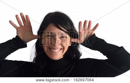 Woman making mockery on a white backrogund