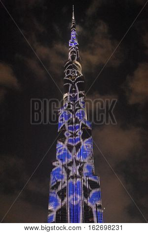 DUBAI, UAE - DEC 9: The LED lights show at Burj Khalifa in Dubai, UAE, as seen on Dec 9, 2016. The show titled Ascension was created by London-based Yusuke Murakami and Tangent Design and Invention.
