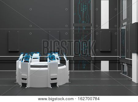 3D rendering. Futuristic interior. Projection. Hologram Control panel Future Center