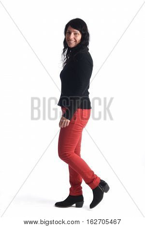 Woman walking on a  white background color