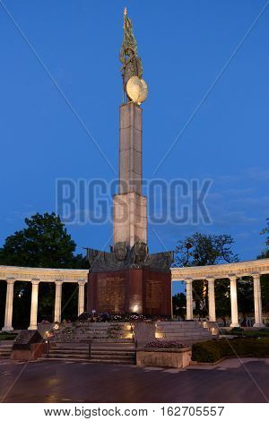 The heroes monument of the red army in schwarzenbergplatz at night in vienna, austria