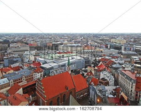 Panoramic view to the city center of old Riga from the Saint Peter's Church's tower, Latvia